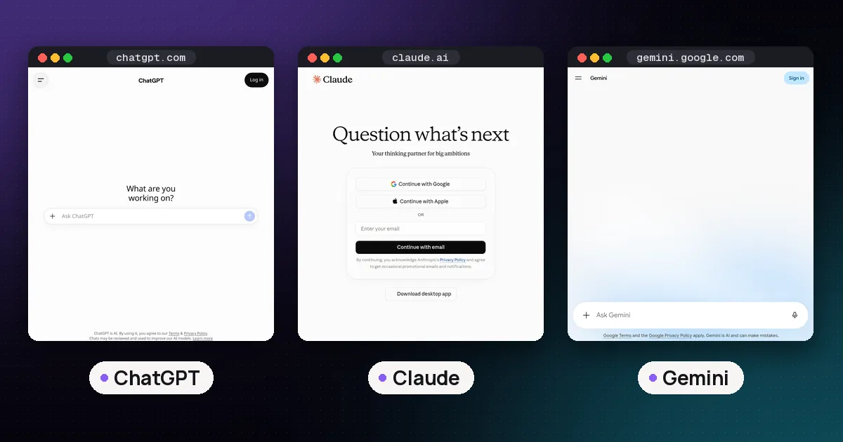Screenshots of ChatGPT, Claude, Gemini