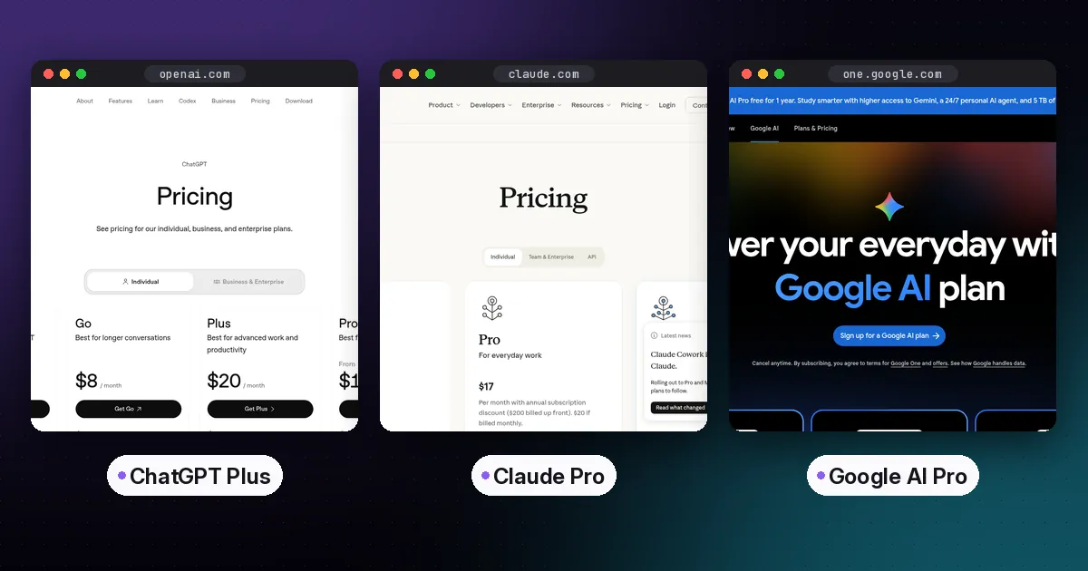 Side by side screenshots of the ChatGPT Plus, Claude Pro and Google AI Pro websites