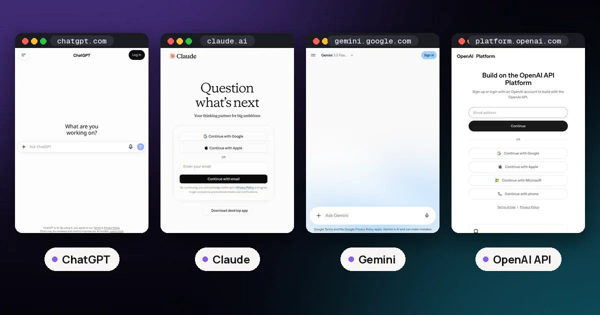 Screenshots of ChatGPT, Claude, Gemini, OpenAI API
