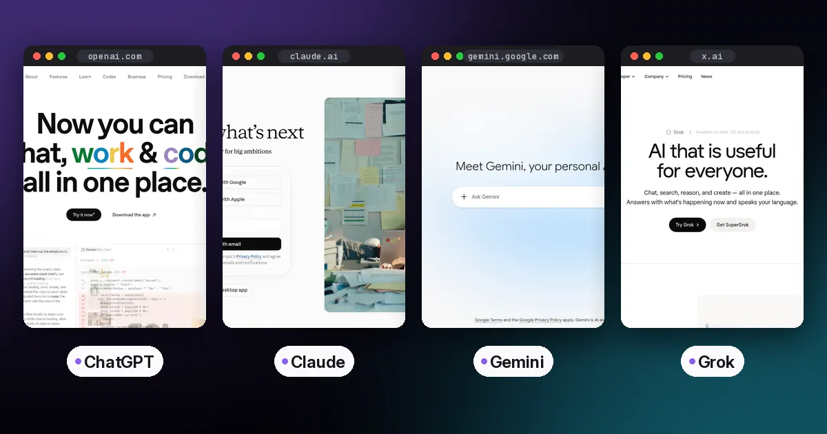 Side by side screenshots of the ChatGPT, Claude, Gemini and Grok websites
