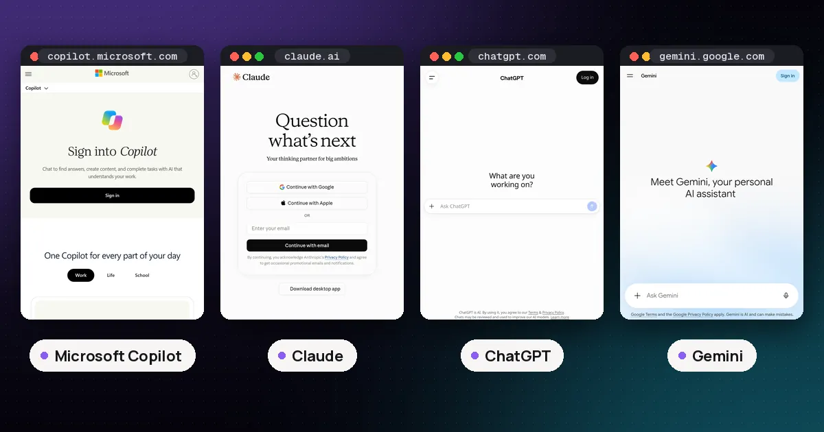 Screenshots of Microsoft Copilot, Claude, ChatGPT, Gemini