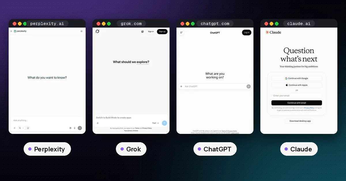Screenshots of Perplexity, Grok, ChatGPT, Claude