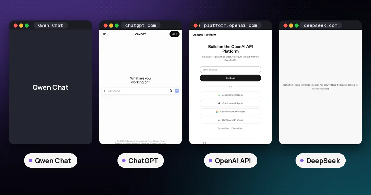 Screenshots of Qwen Chat, ChatGPT, OpenAI API, DeepSeek